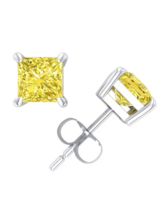 1 1/4Ct Princess Cut Yellow Diamond Solitaire Stud Earrings 14k White Gold Prong I2