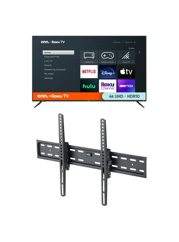 Onn 65" 4k Roku 4K with a onn. Tilting TV Wall Mount for 50" to 86" TV's, up to 12 Tilting