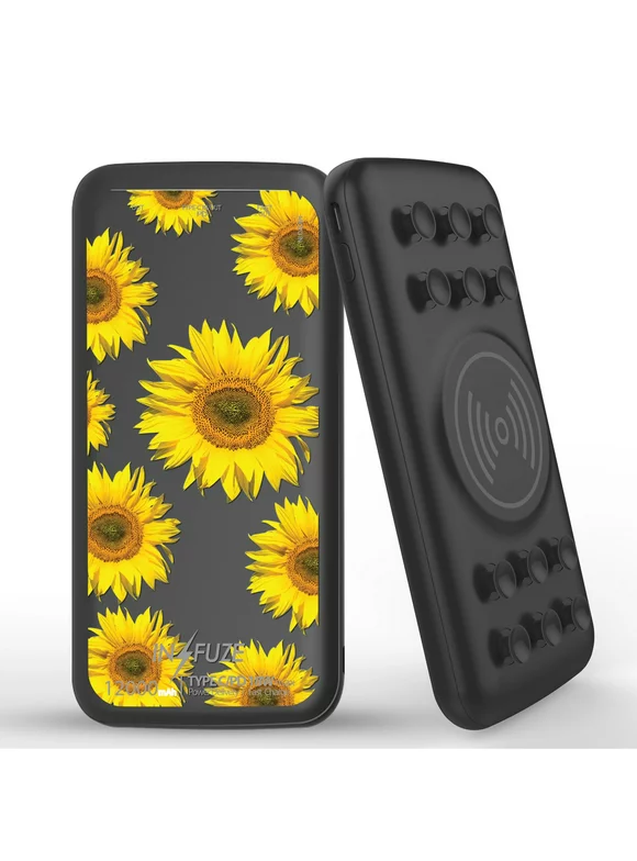 INFUZE Qi Wireless Portable Charger for CAT S62 / CAT S62 Pro External Battery (12000 mAh, 18W PD USB-C/USB-A 3.0 Ports, Suction Cups) with Touchless Tool - Sunflower