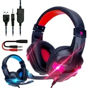 TSV Stereo Gaming Headset for PS4, PC, Xbox One Controller, Noise Cancelling Over Ear Headphones with Mic, LED Light, Bass Surround Sound, Soft Memory Earmuffs for Laptop Mac Nintendo Switch Games