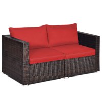 Patiojoy 2-Piece Patio Wicker Corner Sofa Set Rattan Loveseat with Removable Cushions Red