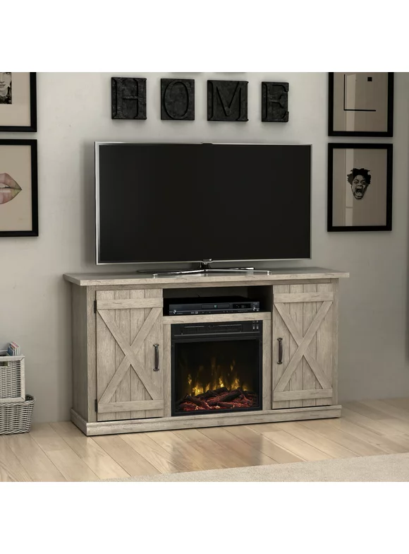 Twin Star Home Barn Door TV Stand for TVs up to 55" with ClassicFlame Electric Fireplace, Ashland Pine