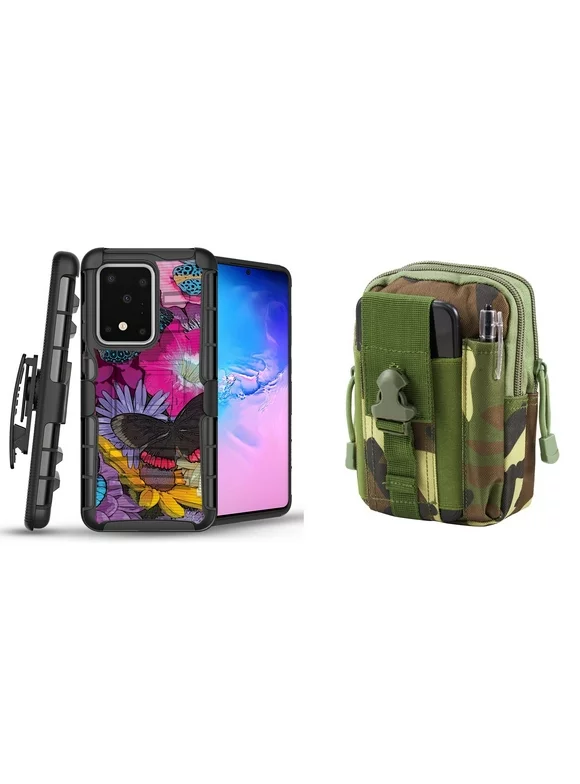 Bemz Armor Samsung Galaxy S20 Ultra, 6.9 inch Case Bundle: Heavy Duty Rugged Holster Combo Protection Cover with 600D Waterproof Nylon Material Storage Pouch - (Butterfly Flowers/Jungle Camo)