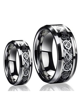 His & Her's 8MM/6MM Tungsten Carbide Celtic Knot Dragon Design Carbon Fiber Inlay Wedding Band Ring Set