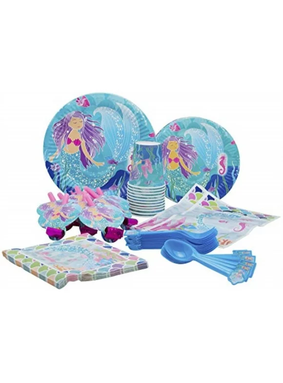 mermaid theme party pack - disposable paper plates, cups, napkins, forks, spoons, gift bags and party blowers - serves 10