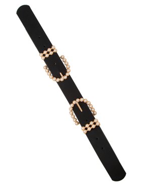 Women's Pearl Double Buckle Faux Leather Belt with Pearl Loops
