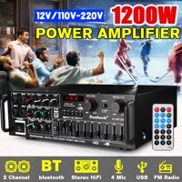 Sunbuck 110V/12V Stereo Power Amplifier - 2 Channels bluetooth 5.0 Receiver -Compact Audio Amp with FM Radio, 4 Microphone Inputs, MP3/USB/SD, 1200W