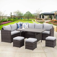 7 Piece Outdoor Conversation Set All Weather Wicker Sectional Sofa Couch Dining Table Chair with Ottoman,Grey
