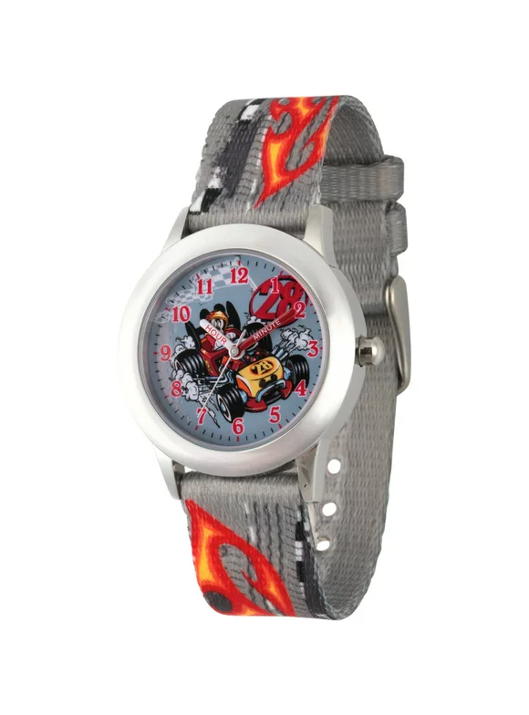 Mickey Mouse Boys' Stainless Steel Time Teacher Watch, Grey Printed Fabric Strap