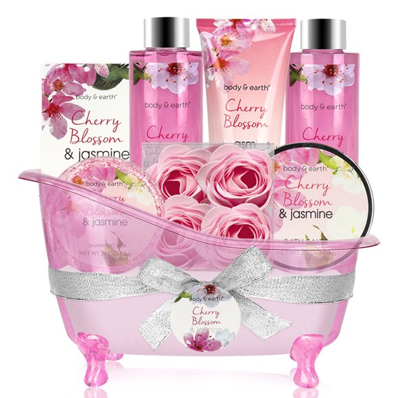 Bath Gift Sets for Women, 8 Pcs Cherry Blossom & Jasmine Spa Baskets, Holiday Mother's Day Gifts