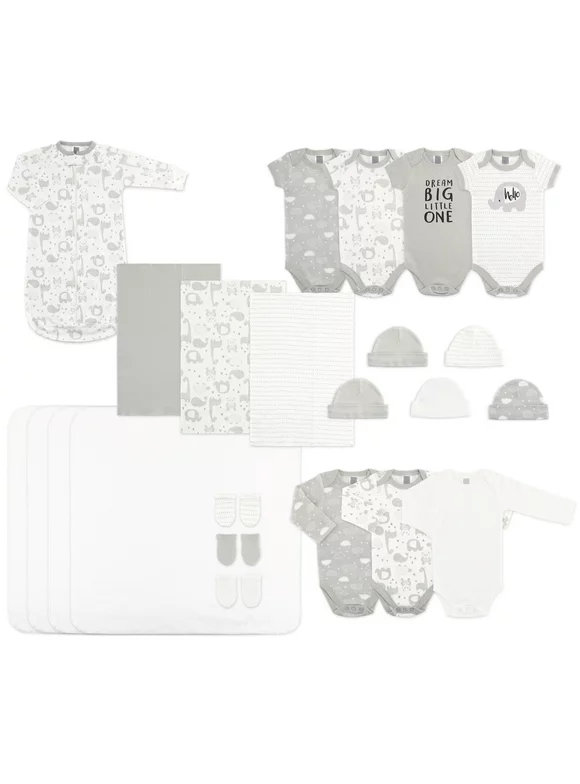 The Peanutshell Newborn Baby Layette Gift Set for Boys and Girls, Shower Gift Essentials, Grey Sleepy Elephants