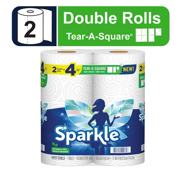 Sparkle Tear-A-Square Paper Towels, White, 2 Double Rolls