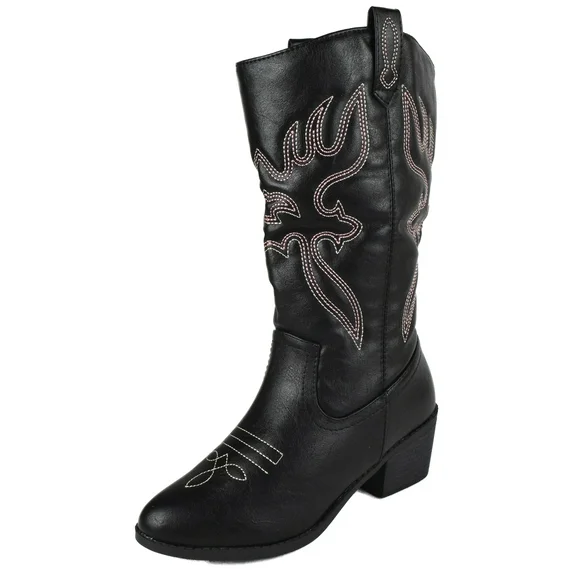 Women Cowgirl Cowboy Stitched Mid Calf Forever Boots Pointy Toe Western Black / Colored Stitching 7.5
