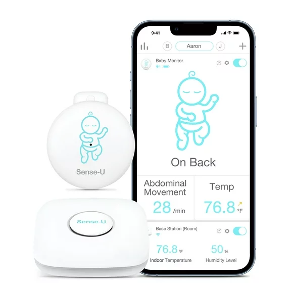 Sense-U Smart Baby Abdominal Movement Monitor - Tracks Baby's Abdominal Movement, Temperature, Rollover, Sleeping Position and Humidity on Smartphone and Base Station - Anytime, Anywhere, Green