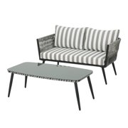 Bucs Outdoor Wicker Loveseat and Coffee Table with Tempered Glass Top, Light Gray and Gray and White Stripe