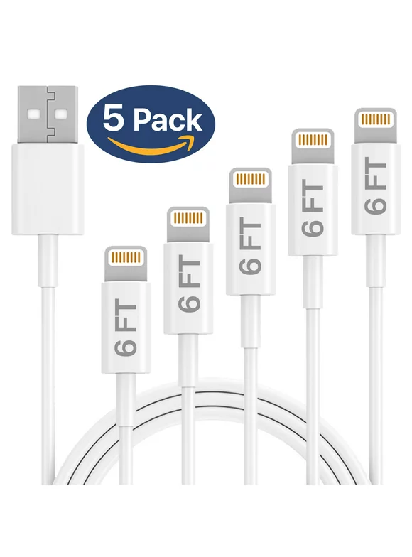 Ixir,  Charger Lightning Cable Set, 5 Pack 6FT USB Cable, Compatible with iPhone Xs,Xs Max, XR, X, 8, 8 Plus, Case, Charging & Syncing Cord