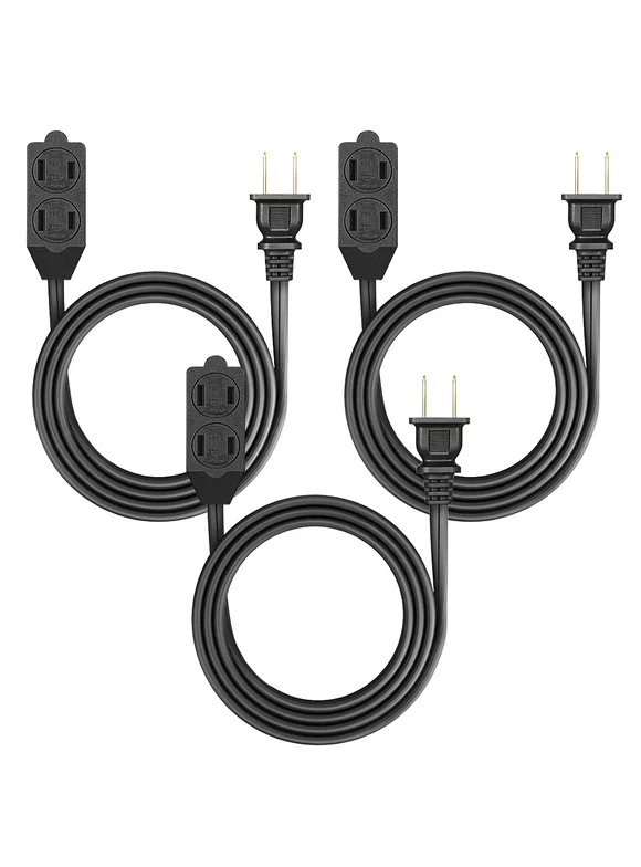 DEWENWILS 3ft Indoor Extension Cord with 3 Outlets 2 Prong Extension Power Strip 16 AWG Power Cord Black 3 Pack