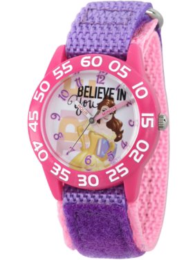 Princess Belle Girls' Pink Plastic Time Teacher Watch, Purple Hook and Loop Nylon Strap with Pink Backing