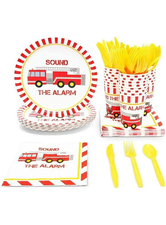 144 Piece Disposable Dinnerware Set for Fireman Themed Party Supplies, Serves 24