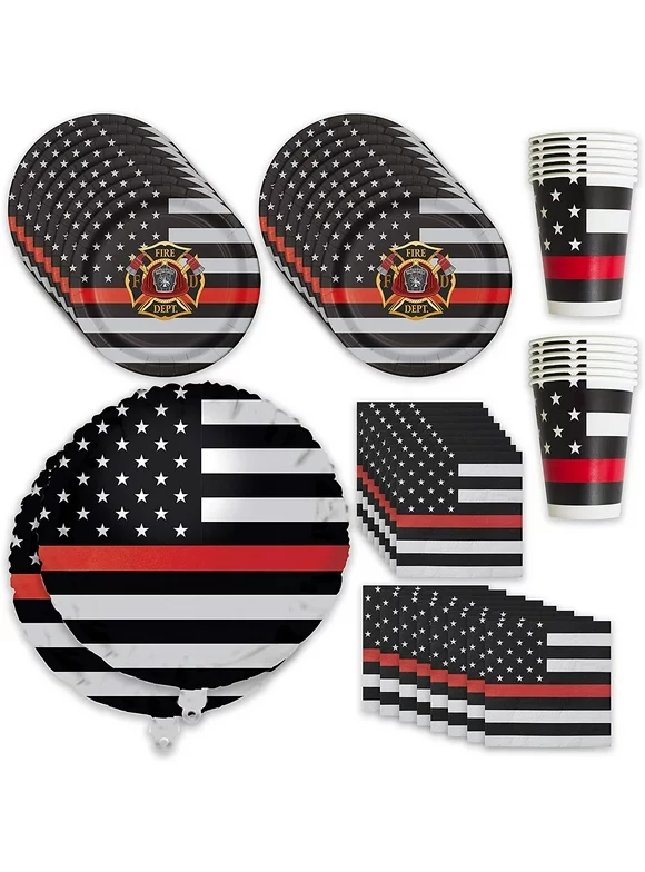 Havercamp Firefighter-Thin Red Line Party for 16 guests! includes 16 ea. Large 9 Dinner Plates, Napkins, 12 oz. Cups and 2pcs - 18inch Mylar Balloons, all in the Beautiful Thin Red Line Flag Pattern.