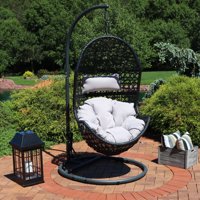 Sunnydaze Cordelia Hanging Egg Chair with Steel Stand Set, Resin Wicker, Large Basket Design, Outdoor Use, Includes Beige Cushion and Headrest