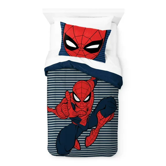 Spider-Man Stripes Kids 2-Piece Solid Reversible Twin/Full Comforter and Sham Bedding Set, Microfiber, Red, Marvel