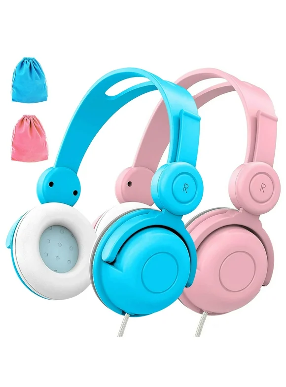 Kid Odyssey Kids Headphones for Girls Boys, 2 Pcs On-Ear Wired Headphones for kids with Microphone, HD Sound Sharing and 85dB Volume Limited Hearing Protection, Kids headphones for School and Tablets