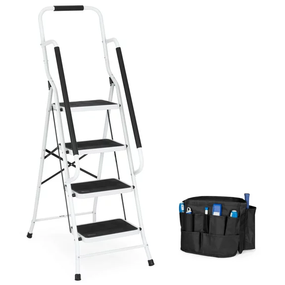 Best Choice Products 4-Step Portable Folding Anti-Slip Steel Ladder w/ Handrails, Attachable Tool Bag