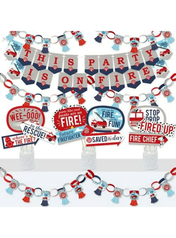 Fired Up Fire Truck - Banner and Photo Booth Decorations - Firefighter Firetruck Baby Shower or Birthday Party Supplies Kit - Doterrific Bundle