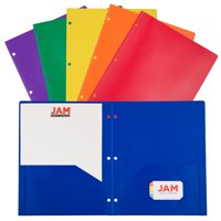JAM Paper, Plastic 2 Pocket School POP Folders with 3 Hole Punch, Assorted Primary Colors, 6/Pack