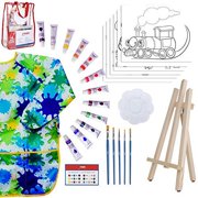 Paint Easel Kids Art Set 28-Piece Acrylic Painting Supplies Kit with Storage Bag, 12 Non Toxic Washable Paints, 1 Scratch Free Easel, 6 Pre-Stenciled Canvases 8 x 10 inches, 5 Brushes,