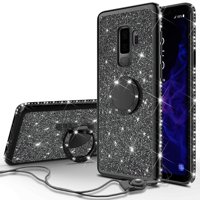 Glitter Cute Ring Stand Phone Case for Samsung Galaxy S9 Case, Bling Rhinestone Bumper Kickstand Sparkly Luxury Clear Thin Soft Protective for Girls Women - Black