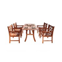 5-Piece Brown Natural Wood Finish Curvy Leg Table Outdoor Furniture Patio Dining Set with Floral Back Chairs 59"