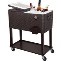 Zimtown 80 Quart Rattan Rolling Cooler Cart Ice Beer Beverage Chest on Wheels with Shelf