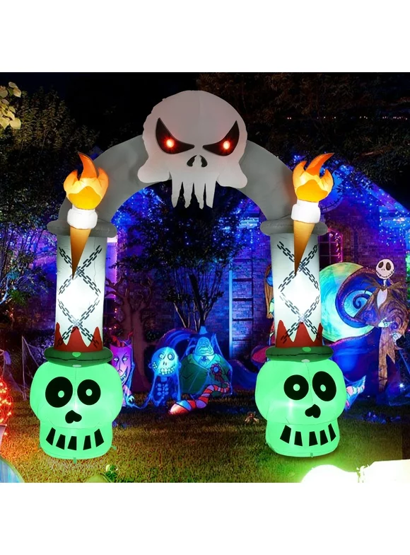 8.8FT Halloween Inflatable Skeleton Skull Haunted House Archway Halloween Outdoor Decorations, Blow Up Skull Scary Yard Decorations Built in LED Lights for Yard, Lawn, Garden Arch