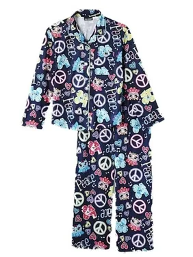 Joe Boxer Girls Blue Flannel Sleepwear Set Peace & Love Owl Pajamas  PJs XS