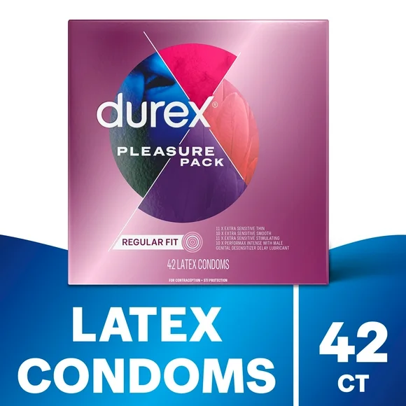 Durex Pleasure Pack Assorted Condoms, Exciting Mix of Sensation and Stimulation, Natural Rubber Latex Condoms for Men, FSA & HSA Eligible, 42 Count