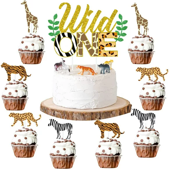 Wild One Cake Topper Jungle Animals Cupcake Toppers, Leopard Cheetah First Birthday Decorations Jungle Safari Zoo Theme Party Cake Supplies 25 Pack
