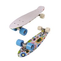 MoBoard Graphic Complete Skateboard | Pro/Beginner | 22 inch Vintage Style with Interchangeable Wheels (White Top/Graphic - Blue/White)