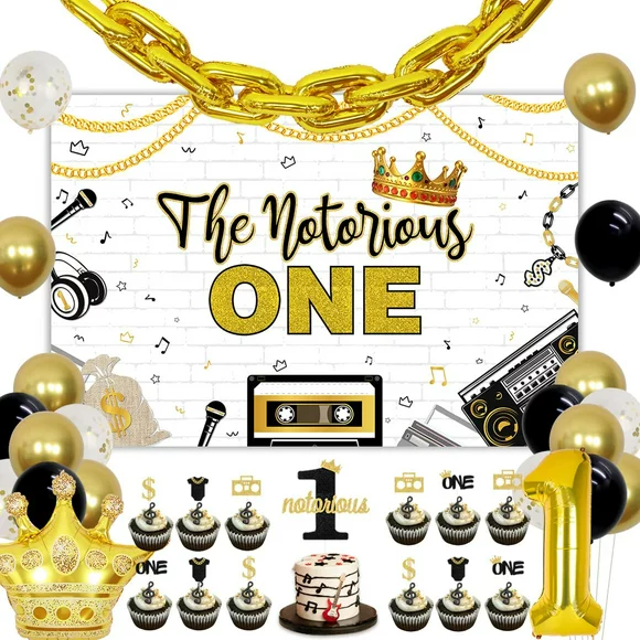 Notorious One Birthday Decorations for Boy the Notorious One Birthday Backdrop the Notorious One Cake Cupcake Toppers with Gold Chain Balloon Garland for Hip Hop the Big One 1st Birthday Party Decor