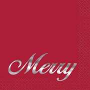 Elegant Red Christmas "Merry" Paper Cocktail Napkins, 5in, 16ct