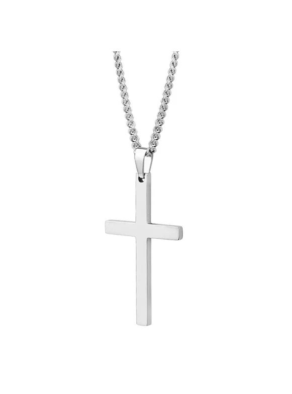 Men's Silver Cross Pendant & Curb Chain Stainless Steel Necklace Set