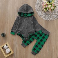 PatPat Baby Boy Trendy Solid Long-sleeve Hooded Bodysuit and Plaid Pants Set