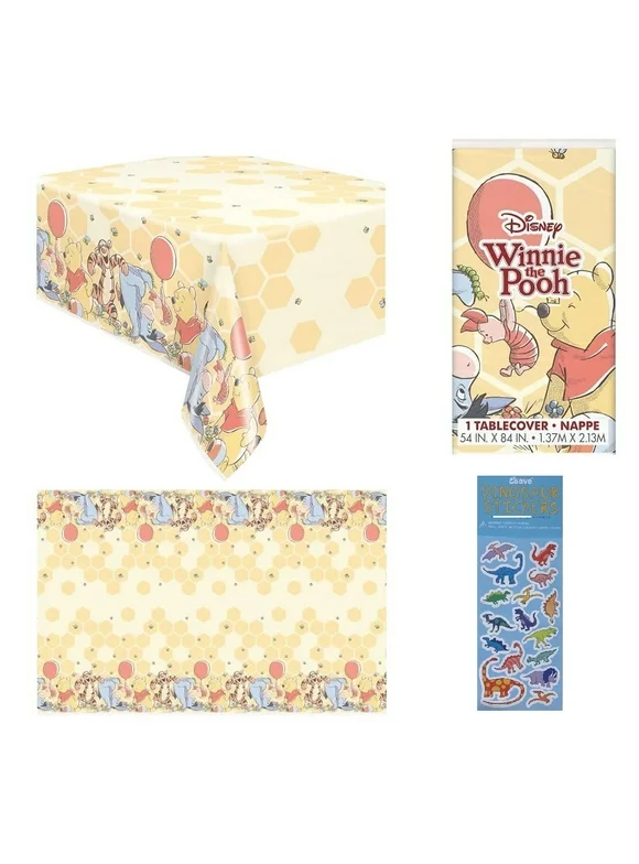 Winnie the Pooh Birthday Baby Shower Party Supplies Favor Bundle Pack includes 2 Plastic Table Cover 54" x 84" and 1 Dinosaur Sticker Sheet