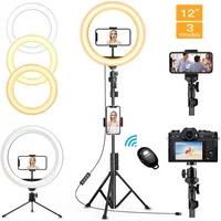 12" LED Selfie Ring Light with Tripod Stand & Phone Holder, 3 Light Modes and 10 Brightness levels, for Live Stream/Makeup/YouTube Video/TikTok, Compatible for iOS/Android (Bluetooth Remote included)