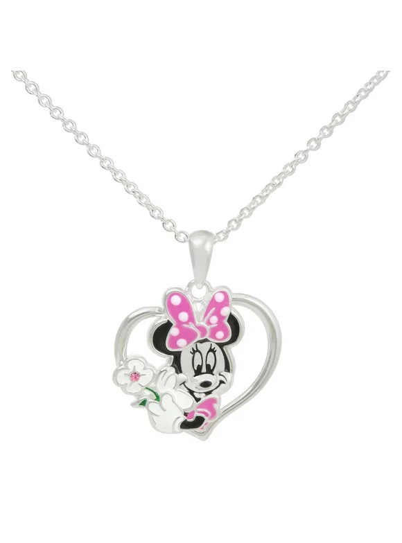 Disney Minnie Mouse Girls' Silver Plated Heart Pendant Necklace, 18" Chain