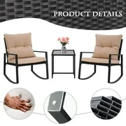 3 Pieces Patio Set Outdoor Wicker Patio Furniture Rocking Chair Rattan Chair Conversation Sets Garden Porch Furniture Sets with Coffee Table, Black.