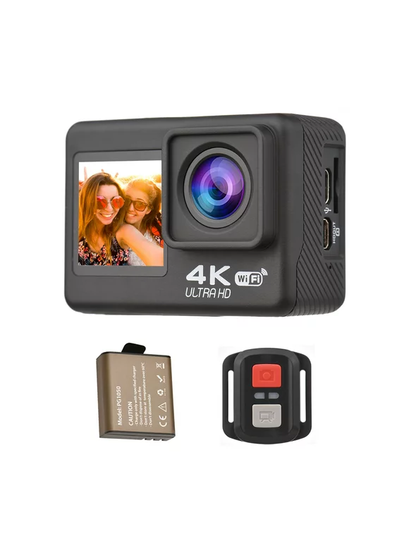 4K60FPS Ultra High Definition WiFi Action Camera Dual Screen 170 Wide Angle 30 Meters Waterproof with Remote Control 1 Li-ion Battery Mounting Accessories Kit Black