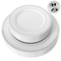 JL Prime 50 Piece Silver Plastic Plates for 25 Guests, Heavy Duty Reusable Disposable Plastic Plates with Silver Rim for Party and Wedding with 25 Dinner Plates and 25 Salad Plates