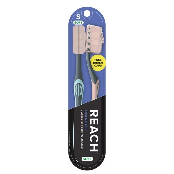 Reach Essentials Soft Bristle Toothbrush with Cap, 2ct